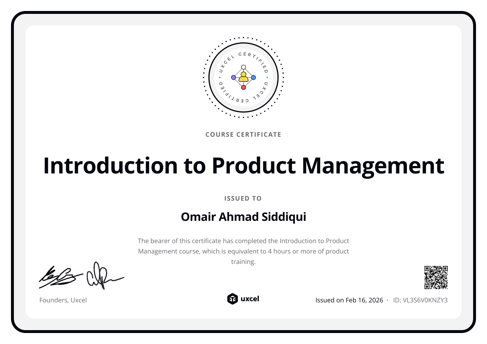 Omair Ahmad Siddiqui's certificate